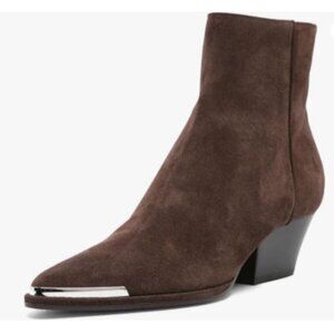 FOWT Dark Brown Pointed Toe Block Low Heel Ankle Boots Side Zipper Comfort Boot